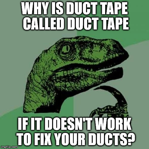 Philosoraptor Meme | WHY IS DUCT TAPE CALLED DUCT TAPE; IF IT DOESN'T WORK TO FIX YOUR DUCTS? | image tagged in memes,philosoraptor | made w/ Imgflip meme maker