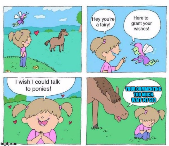 Talk to Ponies | YOUR COMMENTING TOO MUCH. WAIT 147 SEC | image tagged in talk to ponies | made w/ Imgflip meme maker