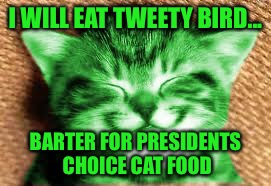 happy RayCat | I WILL EAT TWEETY BIRD... BARTER FOR PRESIDENTS CHOICE CAT FOOD | image tagged in happy raycat | made w/ Imgflip meme maker