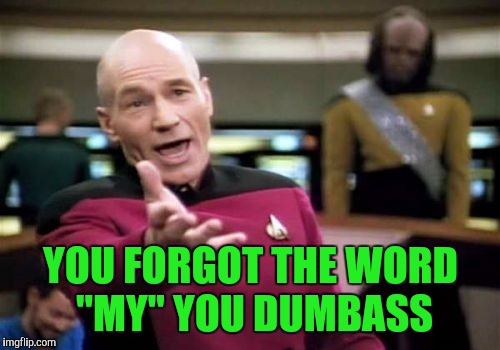 Picard Wtf Meme | YOU FORGOT THE WORD "MY" YOU DUMBASS | image tagged in memes,picard wtf | made w/ Imgflip meme maker