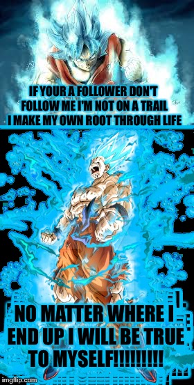 Dbz true to yourself | IF YOUR A FOLLOWER DON'T FOLLOW ME I'M NOT ON A TRAIL I MAKE MY OWN ROOT THROUGH LIFE; NO MATTER WHERE I END UP I WILL BE TRUE TO MYSELF!!!!!!!!! | image tagged in dbz,ssjss,ssb | made w/ Imgflip meme maker