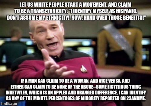 Picard Wtf | LET US WHITE PEOPLE START A MOVEMENT, AND CLAIM TO BE A TRANSETHNICITY, "I IDENTIFY MYSELF AS HISPANIC.  DON'T ASSUME MY ETHNICITY!  NOW, HAND OVER THOSE BENEFITS!"; IF A MAN CAN CLAIM TO BE A WOMAN, AND VICE VERSA, AND EITHER CAN CLAIM TO BE NONE OF THE ABOVE--SOME FICTITIOUS THING INBETWEEN, WHICH IS AN APPLES AND ORANGES DIFFERENCE, I CAN IDENTIFY AS ANY OF THE MINUTE PERCENTAGES OF MINORITY REPORTED ON 23ANDME. | image tagged in memes,picard wtf | made w/ Imgflip meme maker