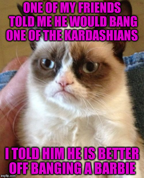 Grumpy Cat Meme | ONE OF MY FRIENDS TOLD ME HE WOULD BANG ONE OF THE KARDASHIANS; I TOLD HIM HE IS BETTER OFF BANGING A BARBIE | image tagged in memes,grumpy cat | made w/ Imgflip meme maker