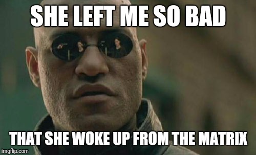 Matrix Morpheus Meme | SHE LEFT ME SO BAD THAT SHE WOKE UP FROM THE MATRIX | image tagged in memes,matrix morpheus | made w/ Imgflip meme maker