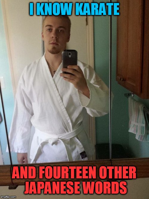 High Karate Guy | I KNOW KARATE; AND FOURTEEN OTHER JAPANESE WORDS | image tagged in high karate guy | made w/ Imgflip meme maker
