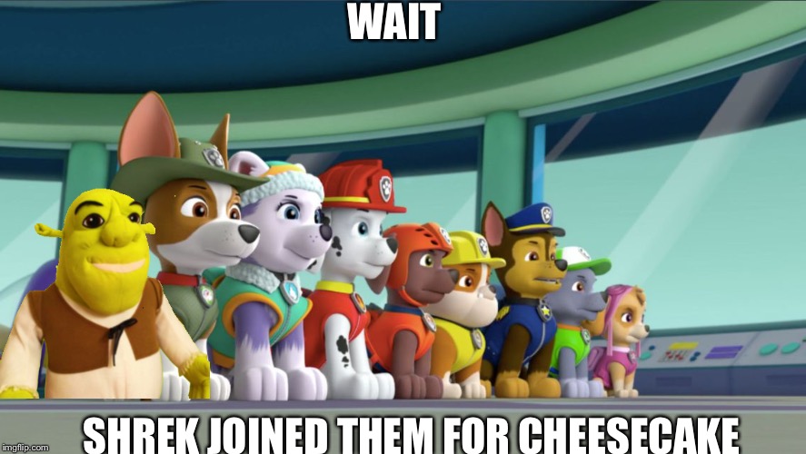 SHREK JOINED THEM FOR CHEESECAKE | WAIT; SHREK JOINED THEM FOR CHEESECAKE | image tagged in all 8 paw patrol pups at the lookout | made w/ Imgflip meme maker