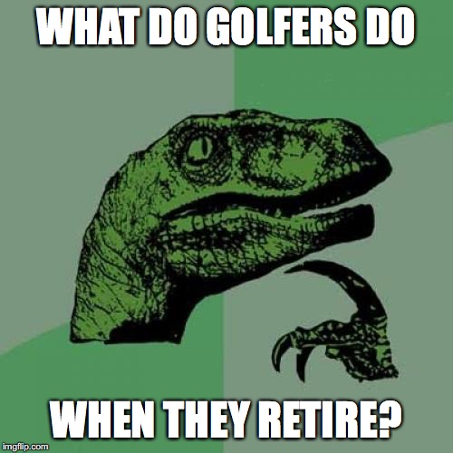 Philosoraptor | WHAT DO GOLFERS DO; WHEN THEY RETIRE? | image tagged in memes,philosoraptor | made w/ Imgflip meme maker