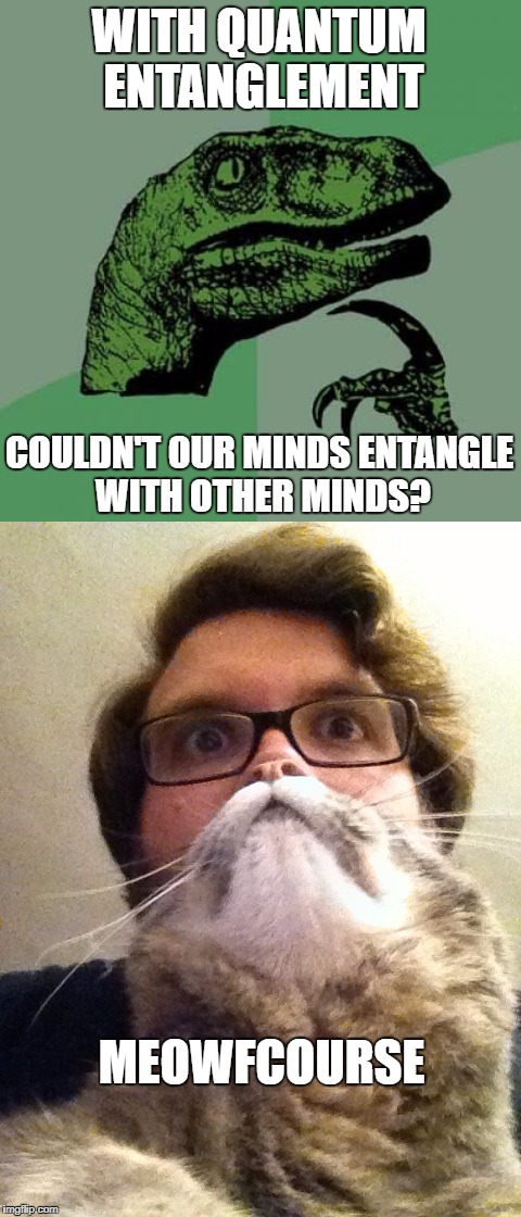 Enlightened thoughts with cat | WITH QUANTUM ENTANGLEMENT; COULDN'T OUR MINDS ENTANGLE WITH OTHER MINDS? MEOWFCOURSE | image tagged in cat,meow,quantum,quantum physics,mind blown,deep thoughts | made w/ Imgflip meme maker