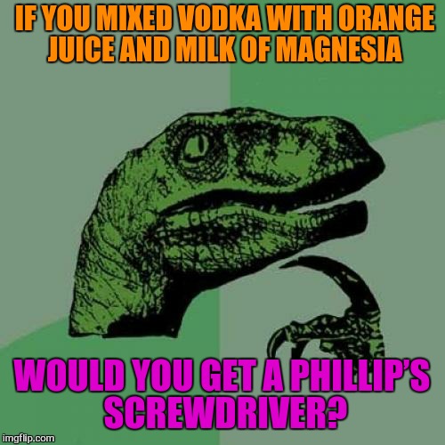 Philosoraptor Meme |  IF YOU MIXED VODKA WITH ORANGE JUICE AND MILK OF MAGNESIA; WOULD YOU GET A PHILLIP’S SCREWDRIVER? | image tagged in memes,philosoraptor | made w/ Imgflip meme maker