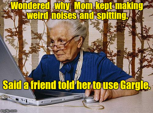 Mom at PC making weird noises and spitting. Friend said to use Gargle. | Wondered   why   Mom  kept  making weird  noises  and  spitting. Said a friend told her to use Gargle. | image tagged in old woman at pc,first world problems,memes,pc,old lady at computer finds the internet | made w/ Imgflip meme maker