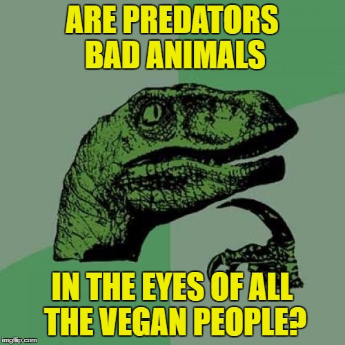 Philosoraptor Meme | ARE PREDATORS BAD ANIMALS IN THE EYES OF ALL THE VEGAN PEOPLE? | image tagged in memes,philosoraptor | made w/ Imgflip meme maker