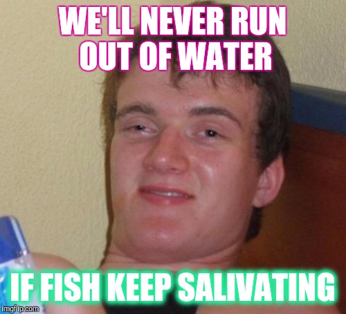 Which Came First? The Water or The Fish ? | WE'LL NEVER RUN OUT OF WATER; IF FISH KEEP SALIVATING | image tagged in memes,10 guy,fish,world hunger | made w/ Imgflip meme maker
