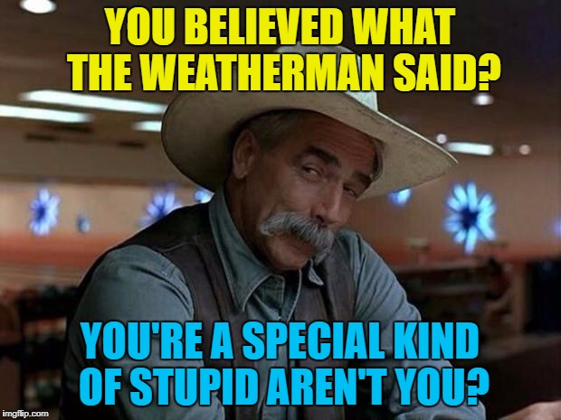 Why is a clear sky pouring with rain? | YOU BELIEVED WHAT THE WEATHERMAN SAID? YOU'RE A SPECIAL KIND OF STUPID AREN'T YOU? | image tagged in special kind of stupid,memes,weather,weatherman | made w/ Imgflip meme maker