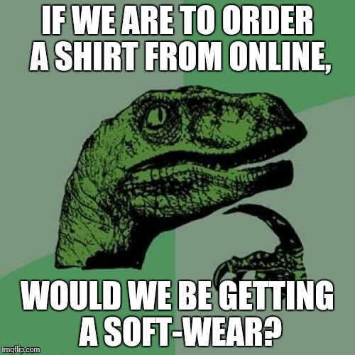 Makes sence when you think about it. | IF WE ARE TO ORDER A SHIRT FROM ONLINE, WOULD WE BE GETTING A SOFT-WEAR? | image tagged in memes,philosoraptor,funny | made w/ Imgflip meme maker