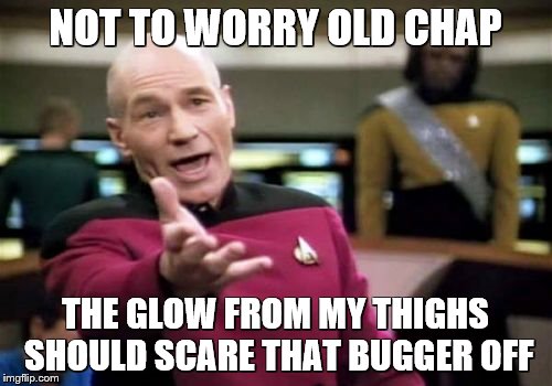 Picard Wtf Meme | NOT TO WORRY OLD CHAP THE GLOW FROM MY THIGHS SHOULD SCARE THAT BUGGER OFF | image tagged in memes,picard wtf | made w/ Imgflip meme maker