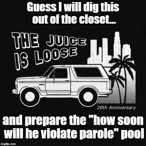 I am picking the "November 2017" slot | Guess I will dig this out of the closet... and prepare the "how soon will he violate parole" pool | image tagged in oj simpson,parole | made w/ Imgflip meme maker
