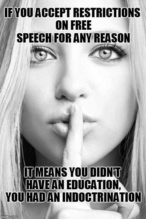 Free speech | IF YOU ACCEPT RESTRICTIONS ON FREE SPEECH FOR ANY REASON; IT MEANS YOU DIDN'T HAVE AN EDUCATION, YOU HAD AN INDOCTRINATION | image tagged in silence woman,free speech,silencing opposition | made w/ Imgflip meme maker