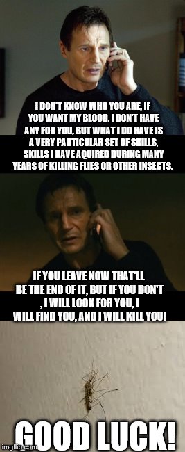 Whenever a mosquito starts buzzing my ear in the middle of the night | I DON'T KNOW WHO YOU ARE, IF YOU WANT MY BLOOD, I DON'T HAVE ANY FOR YOU, BUT WHAT I DO HAVE IS A VERY PARTICULAR SET OF SKILLS, SKILLS I HAVE AQUIRED DURING MANY YEARS OF KILLING FLIES OR OTHER INSECTS. IF YOU LEAVE NOW THAT'LL BE THE END OF IT, BUT IF YOU DON'T , I WILL LOOK FOR YOU, I WILL FIND YOU, AND I WILL KILL YOU! GOOD LUCK! | image tagged in liam neeson taken,mosquito | made w/ Imgflip meme maker