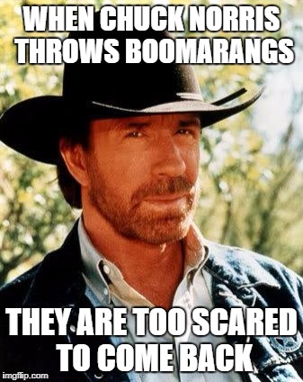 Chuck Norris | WHEN CHUCK NORRIS THROWS BOOMARANGS; THEY ARE TOO SCARED TO COME BACK | image tagged in memes,chuck norris | made w/ Imgflip meme maker