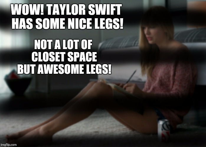 WOW! TAYLOR SWIFT HAS SOME NICE LEGS! NOT A LOT OF CLOSET SPACE BUT AWESOME LEGS! | image tagged in celebs | made w/ Imgflip meme maker