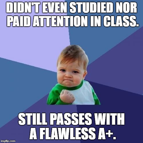 Success Kid | DIDN'T EVEN STUDIED NOR PAID ATTENTION IN CLASS. STILL PASSES WITH A FLAWLESS A+. | image tagged in memes,success kid | made w/ Imgflip meme maker
