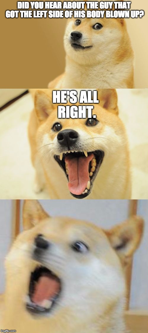 Bad Pun Doge | DID YOU HEAR ABOUT THE GUY THAT GOT THE LEFT SIDE OF HIS BODY BLOWN UP? HE'S ALL RIGHT. | image tagged in bad pun doge | made w/ Imgflip meme maker