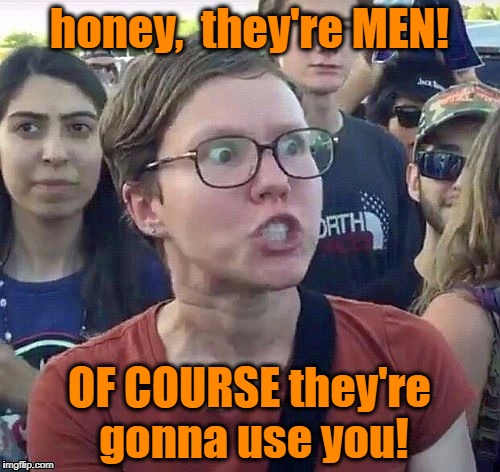 foggy | honey,  they're MEN! OF COURSE they're gonna use you! | image tagged in triggered feminist | made w/ Imgflip meme maker