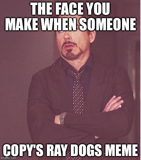 Face You Make Robert Downey Jr Meme | THE FACE YOU MAKE WHEN SOMEONE; COPY'S RAY DOGS MEME | image tagged in memes,face you make robert downey jr,raydog | made w/ Imgflip meme maker