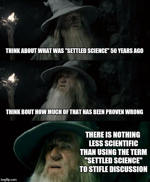 Confused Gandalf Meme | THINK ABOUT WHAT WAS "SETTLED SCIENCE" 50 YEARS AGO; THINK BOUT HOW MUCH OF THAT HAS BEEN PROVEN WRONG; THERE IS NOTHING LESS SCIENTIFIC THAN USING THE TERM "SETTLED SCIENCE" TO STIFLE DISCUSSION | image tagged in memes,confused gandalf | made w/ Imgflip meme maker