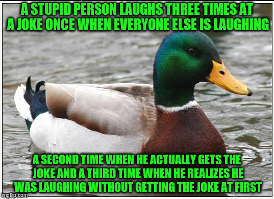 How Stupid People Understand Jokes  | A STUPID PERSON LAUGHS THREE TIMES AT A JOKE ONCE WHEN EVERYONE ELSE IS LAUGHING; A SECOND TIME WHEN HE ACTUALLY GETS THE JOKE AND A THIRD TIME WHEN HE REALIZES HE WAS LAUGHING WITHOUT GETTING THE JOKE AT FIRST | image tagged in memes,actual advice mallard,funny | made w/ Imgflip meme maker