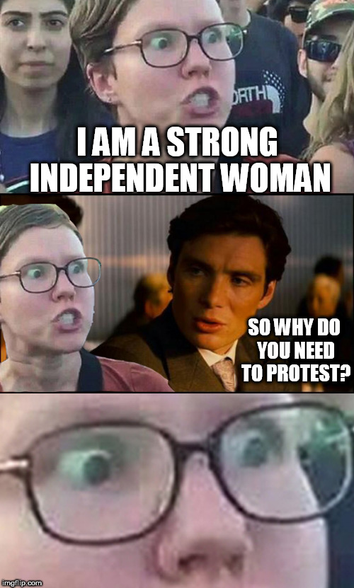 Feminist Logic 101 |  I AM A STRONG INDEPENDENT WOMAN; SO WHY DO YOU NEED TO PROTEST? | image tagged in inception liberal | made w/ Imgflip meme maker