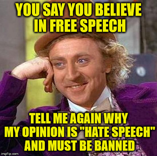 I Thought Free Speech is Free Speech | YOU SAY YOU BELIEVE IN FREE SPEECH; TELL ME AGAIN WHY MY OPINION IS "HATE SPEECH" AND MUST BE BANNED | image tagged in memes,creepy condescending wonka,liberal logic,free speech | made w/ Imgflip meme maker