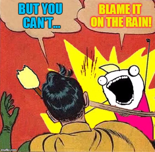 Introducing "X All The Y" week - by popular demand! | BLAME IT ON THE RAIN! BUT YOU CAN'T... | image tagged in xy slaps robin,memes,x all the y | made w/ Imgflip meme maker
