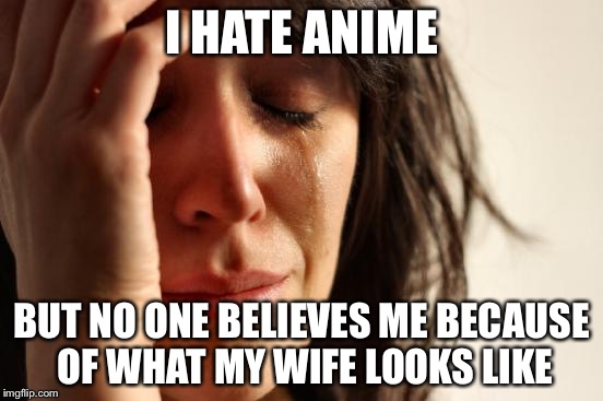 First World Problems Meme | I HATE ANIME BUT NO ONE BELIEVES ME BECAUSE OF WHAT MY WIFE LOOKS LIKE | image tagged in memes,first world problems | made w/ Imgflip meme maker