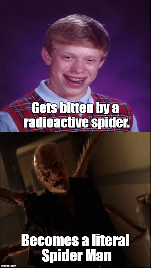 At least he can do whatever a spider can... | Gets bitten by a radioactive spider. Becomes a literal Spider Man | image tagged in bad luck brian,bad luck,spiderman,earth vs the spider 2001,memes | made w/ Imgflip meme maker