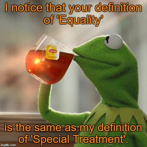 But That's None Of My Business | I notice that your definition of 'Equality'; is the same as my definition of 'Special Treatment'. | image tagged in memes,but thats none of my business,kermit the frog | made w/ Imgflip meme maker