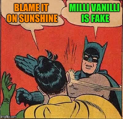 Batman Slapping Robin Meme | BLAME IT ON SUNSHINE MILLI VANILLI IS FAKE | image tagged in memes,batman slapping robin | made w/ Imgflip meme maker