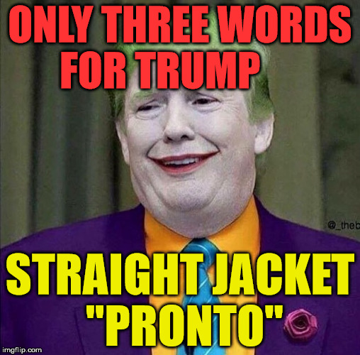 Trump the Joker | ONLY THREE WORDS  FOR TRUMP; STRAIGHT JACKET "PRONTO" | image tagged in trump the joker | made w/ Imgflip meme maker