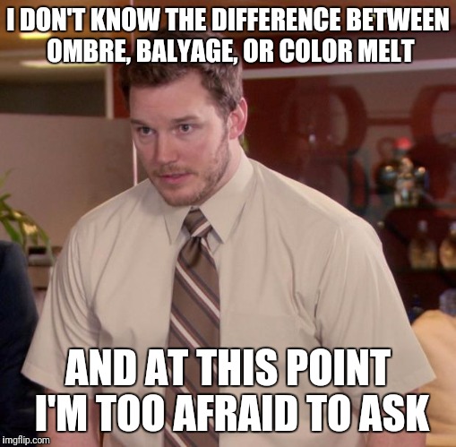 Afraid To Ask Andy Meme | I DON'T KNOW THE DIFFERENCE BETWEEN OMBRE, BALYAGE, OR COLOR MELT; AND AT THIS POINT I'M TOO AFRAID TO ASK | image tagged in memes,afraid to ask andy | made w/ Imgflip meme maker