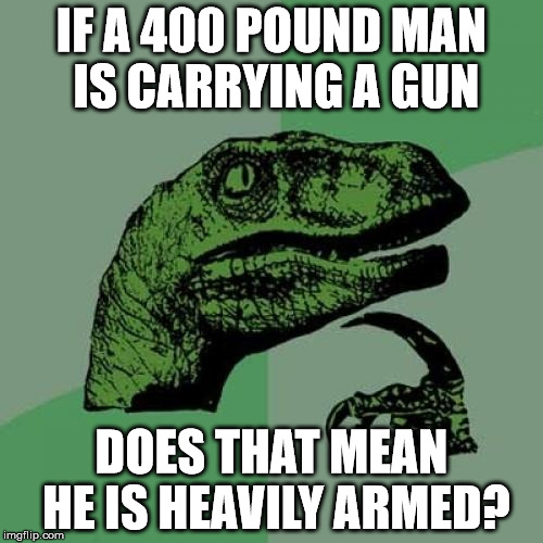 Philosoraptor | IF A 400 POUND MAN IS CARRYING A GUN; DOES THAT MEAN HE IS HEAVILY ARMED? | image tagged in memes,philosoraptor | made w/ Imgflip meme maker