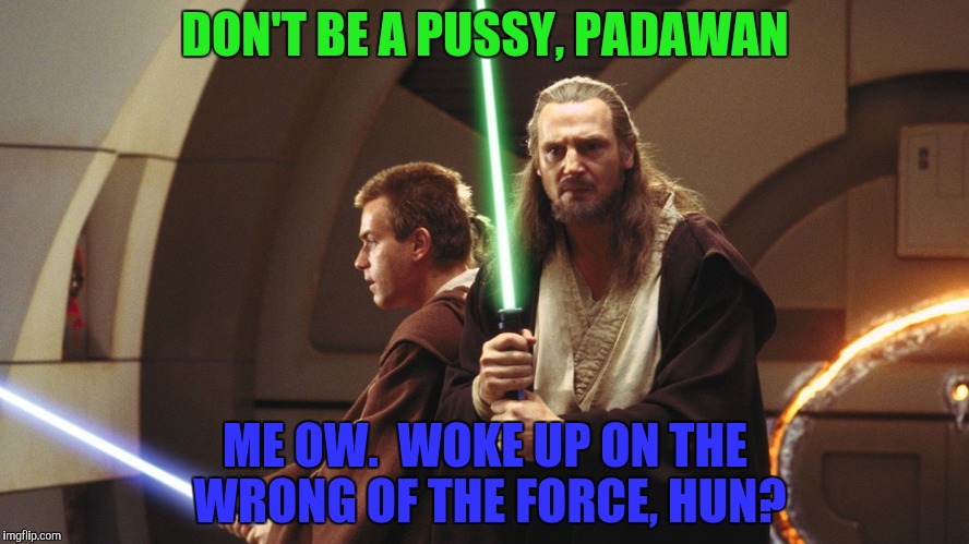 DON'T BE A PUSSY, PADAWAN ME OW.  WOKE UP ON THE WRONG OF THE FORCE, HUN? | made w/ Imgflip meme maker