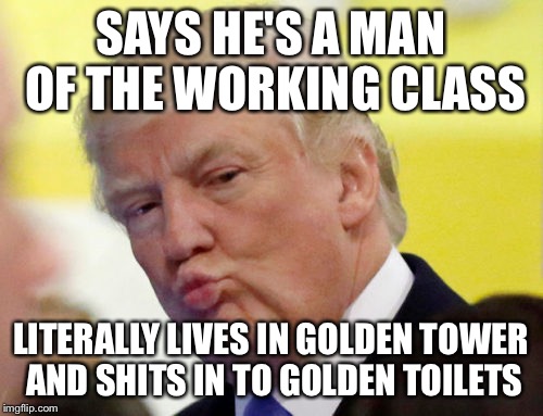 Americas Masonic master
(Illuminati confirmed) | SAYS HE'S A MAN OF THE WORKING CLASS LITERALLY LIVES IN GOLDEN TOWER AND SHITS IN TO GOLDEN TOILETS | image tagged in rule thirty four,illuminati confirmed,memes,funny,animals,trump | made w/ Imgflip meme maker