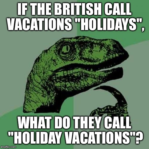 Philosoraptor Meme | IF THE BRITISH CALL VACATIONS "HOLIDAYS", WHAT DO THEY CALL "HOLIDAY VACATIONS"? | image tagged in memes,philosoraptor | made w/ Imgflip meme maker