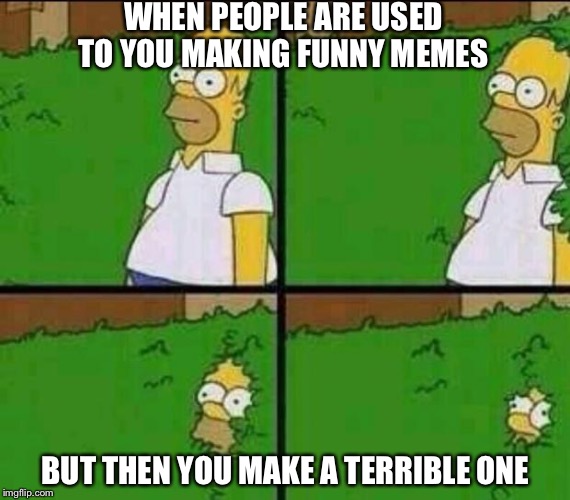 One bad meme | WHEN PEOPLE ARE USED TO YOU MAKING FUNNY MEMES; BUT THEN YOU MAKE A TERRIBLE ONE | image tagged in homer simpson,the simpsons,bush,bad memes,funny | made w/ Imgflip meme maker