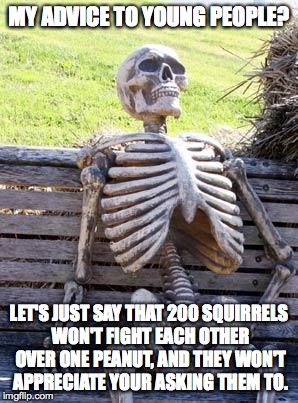 the cold law of supply and demand | MY ADVICE TO YOUNG PEOPLE? LET'S JUST SAY THAT 200 SQUIRRELS WON'T FIGHT EACH OTHER OVER ONE PEANUT, AND THEY WON'T APPRECIATE YOUR ASKING THEM TO. | image tagged in memes,waiting skeleton | made w/ Imgflip meme maker