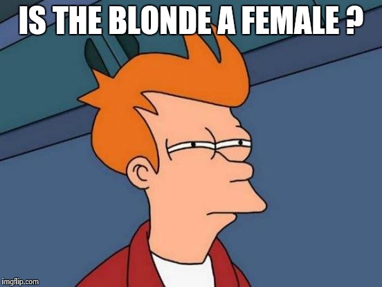 Futurama Fry Meme | IS THE BLONDE A FEMALE ? | image tagged in memes,futurama fry | made w/ Imgflip meme maker