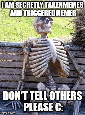 Waiting Skeleton Meme | I AM SECRETLY TAKENMEMES AND TRIGGEREDMEMER; DON'T TELL OTHERS PLEASE C: | image tagged in memes,waiting skeleton | made w/ Imgflip meme maker