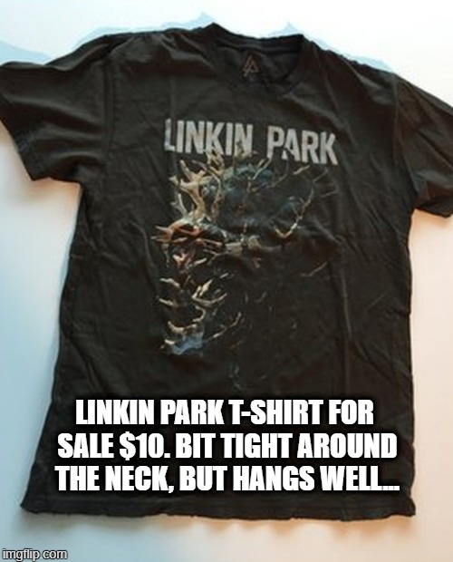 Linkin Park T-Shirt | LINKIN PARK T-SHIRT FOR SALE $10.
BIT TIGHT AROUND THE NECK, BUT HANGS WELL... | image tagged in linkin park | made w/ Imgflip meme maker