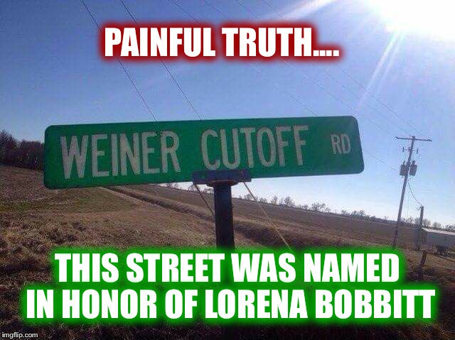 Lorena Bobbitt's favorite street | PAINFUL TRUTH.... THIS STREET WAS NAMED IN HONOR OF LORENA BOBBITT | image tagged in ouch | made w/ Imgflip meme maker