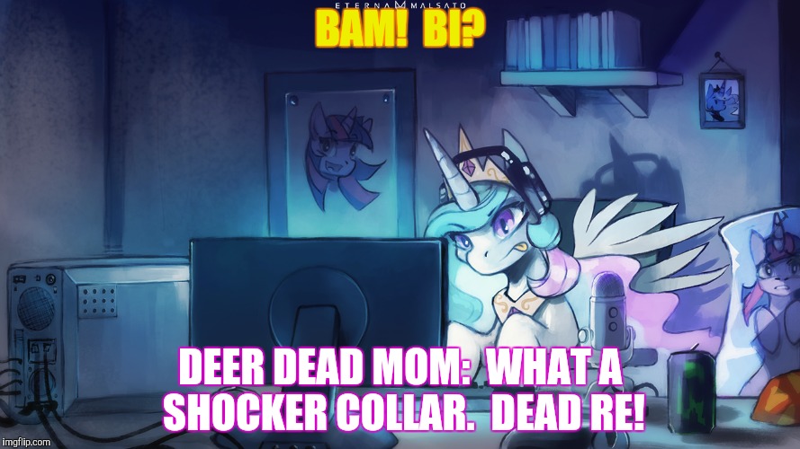BAM!  BI? DEER DEAD MOM:  WHAT A SHOCKER COLLAR.  DEAD RE! | made w/ Imgflip meme maker